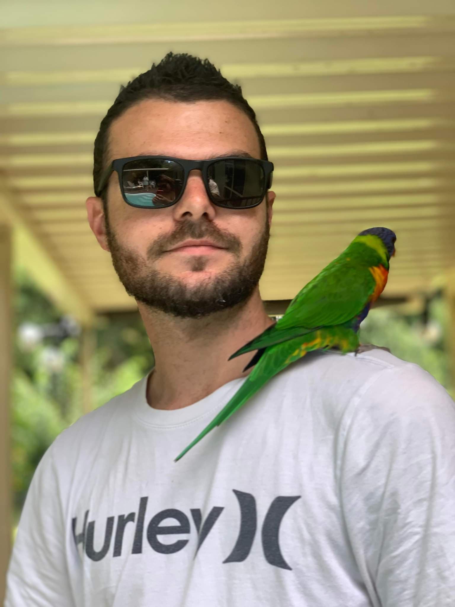 Brett Hevers, founder of Tallo, at home with a rainbow lorikeet