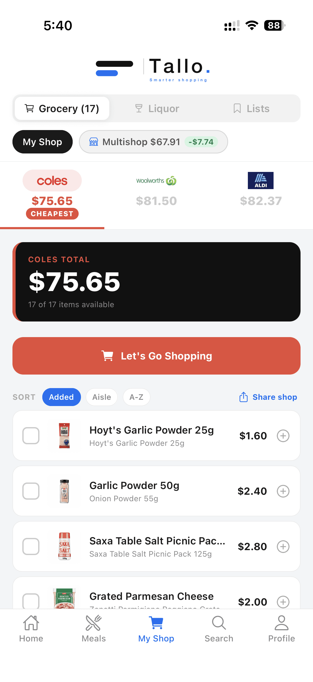 Tallo My Shop comparing grocery totals