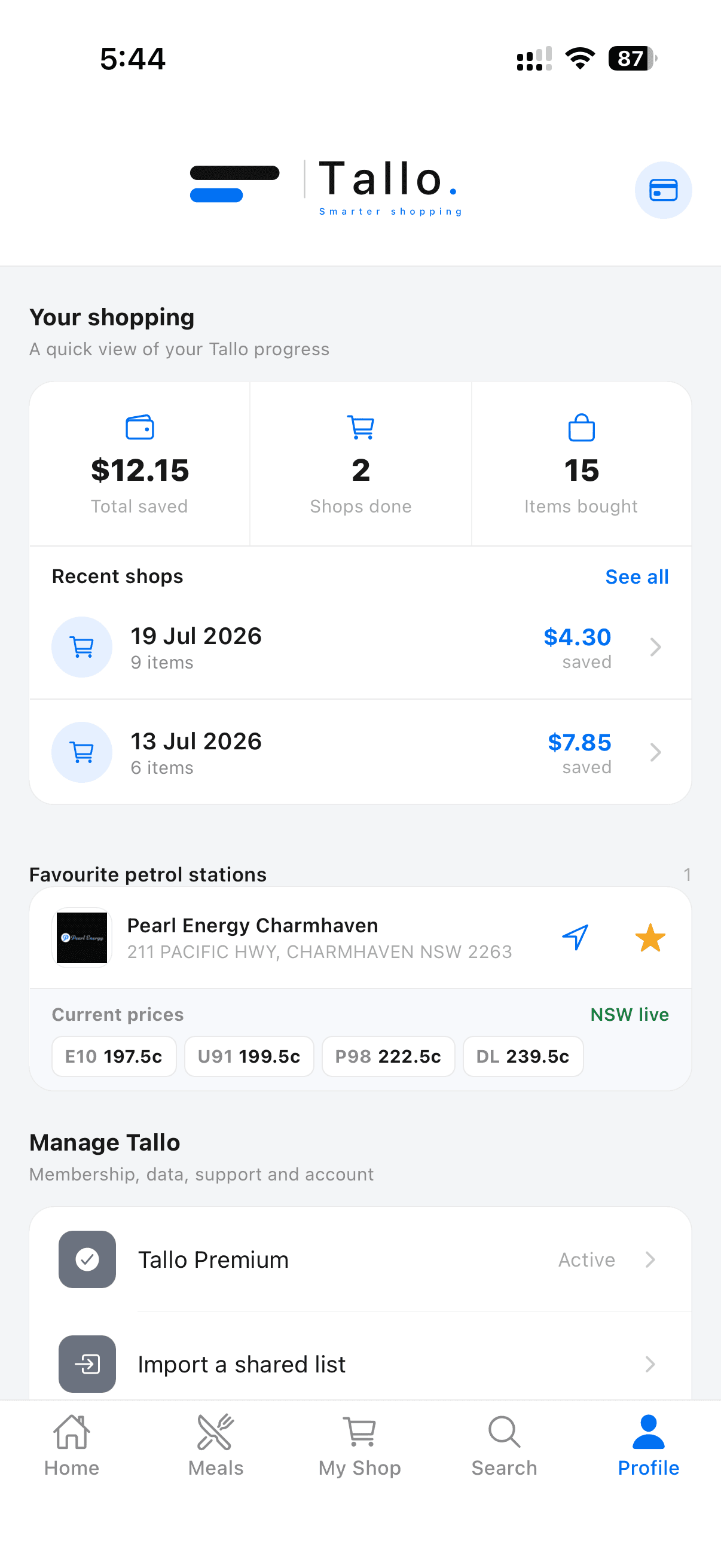 Tallo profile showing savings, recent shops and favourite petrol stations