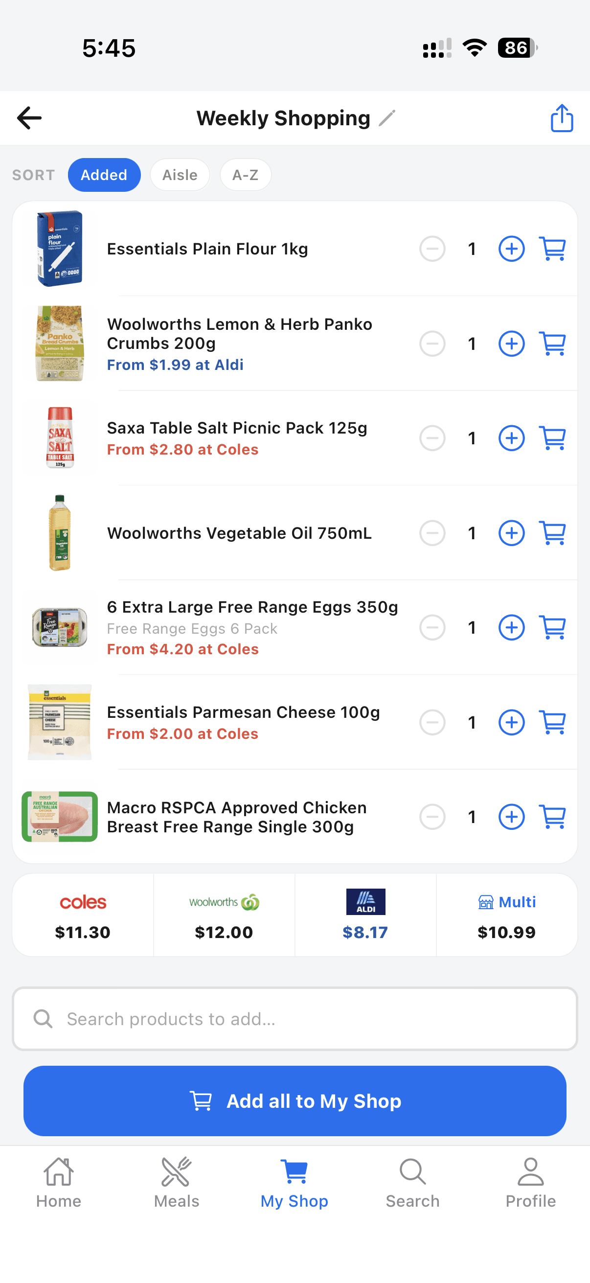 Tallo weekly shopping list
