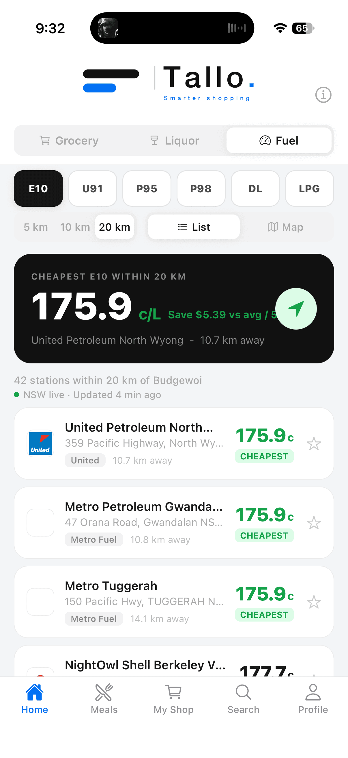 Tallo Fuel list showing nearby E10 fuel prices