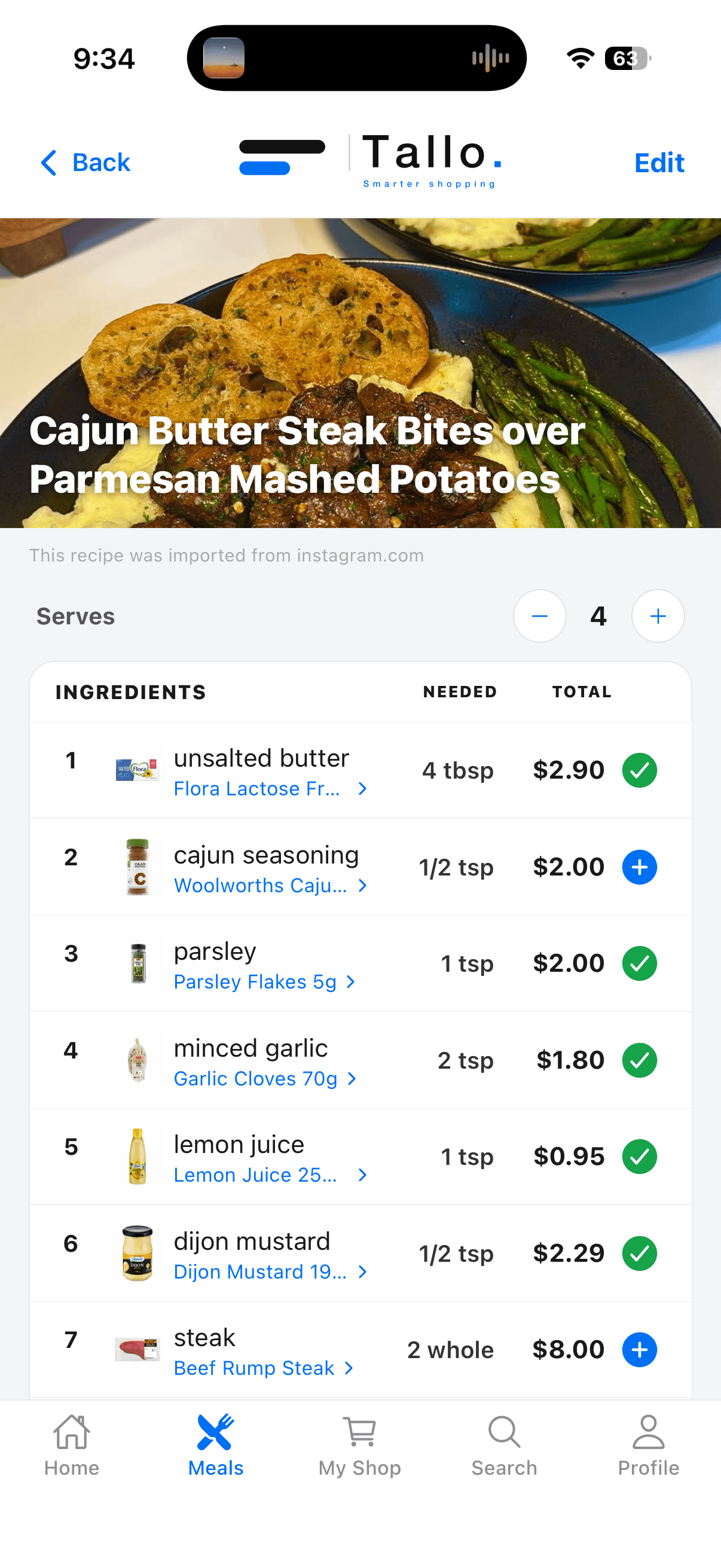 Tallo imported recipe showing matched ingredients and totals