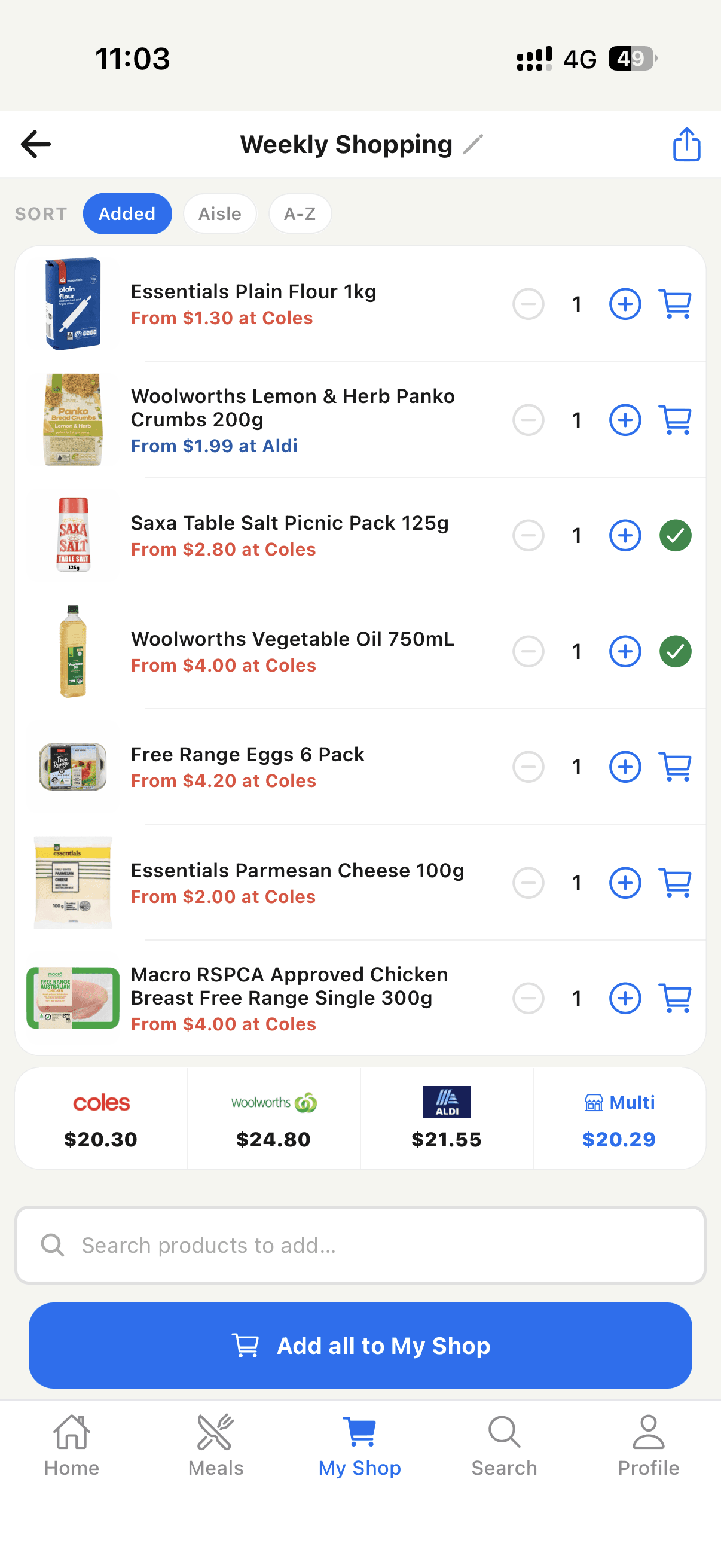 A product list in Tallo