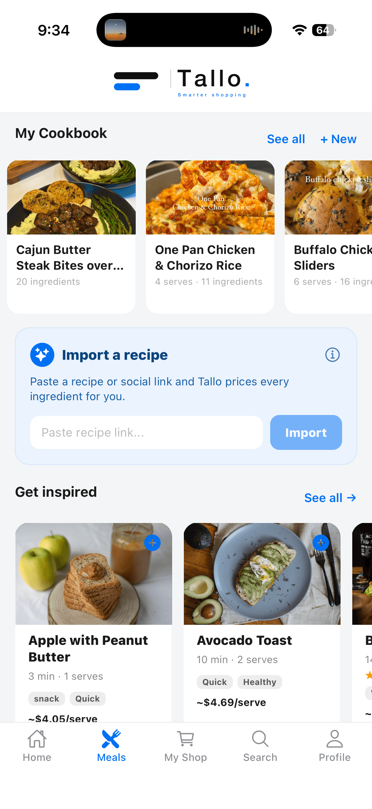 Tallo screen for importing a recipe link